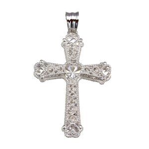 Sterling Silver 925 Rhodium Plated Heart Center Cross Pendant
